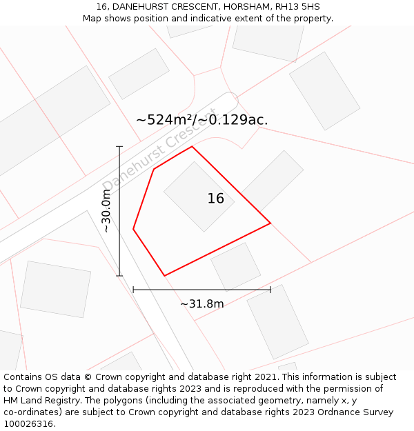 16, DANEHURST CRESCENT, HORSHAM, RH13 5HS: Plot and title map