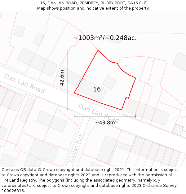 16, DANLAN ROAD, PEMBREY, BURRY PORT, SA16 0UF: Plot and title map