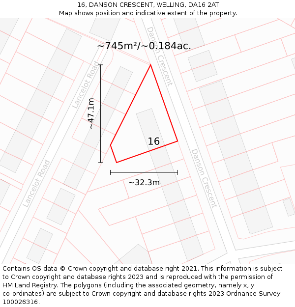 16, DANSON CRESCENT, WELLING, DA16 2AT: Plot and title map
