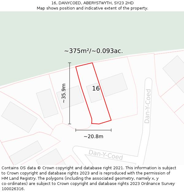 16, DANYCOED, ABERYSTWYTH, SY23 2HD: Plot and title map