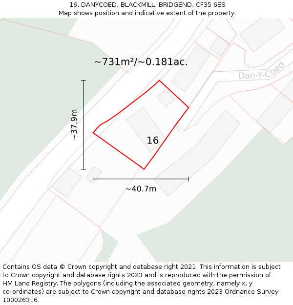 16, DANYCOED, BLACKMILL, BRIDGEND, CF35 6ES: Plot and title map