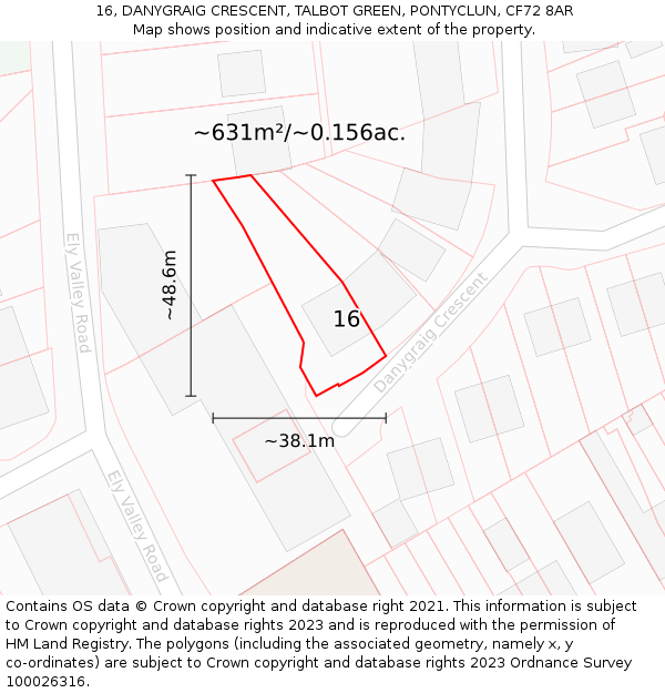16, DANYGRAIG CRESCENT, TALBOT GREEN, PONTYCLUN, CF72 8AR: Plot and title map