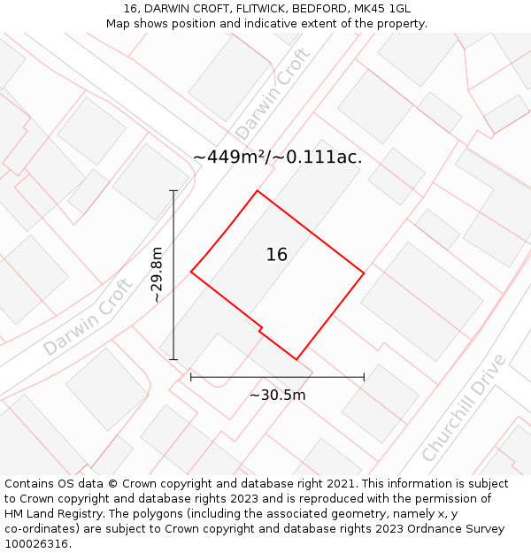 16, DARWIN CROFT, FLITWICK, BEDFORD, MK45 1GL: Plot and title map