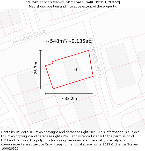 16, DAYLESFORD GROVE, FAVERDALE, DARLINGTON, DL3 0GJ: Plot and title map