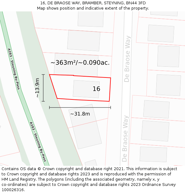 16, DE BRAOSE WAY, BRAMBER, STEYNING, BN44 3FD: Plot and title map
