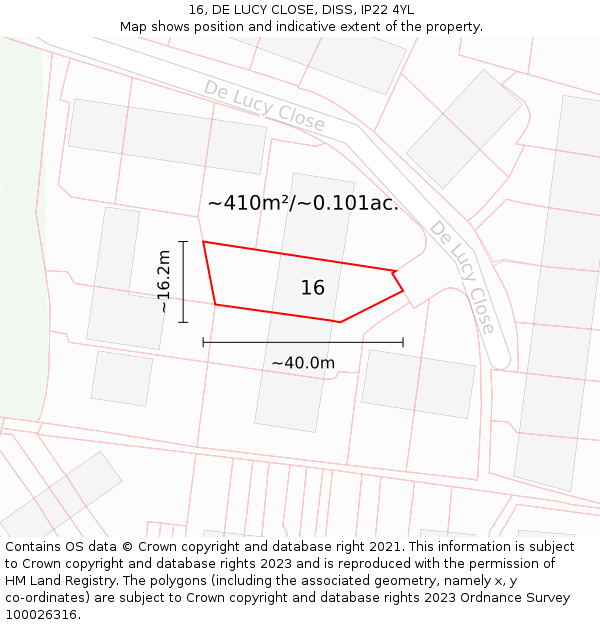 16, DE LUCY CLOSE, DISS, IP22 4YL: Plot and title map