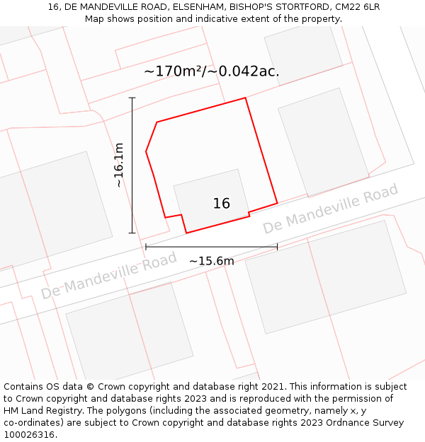 16, DE MANDEVILLE ROAD, ELSENHAM, BISHOP'S STORTFORD, CM22 6LR: Plot and title map