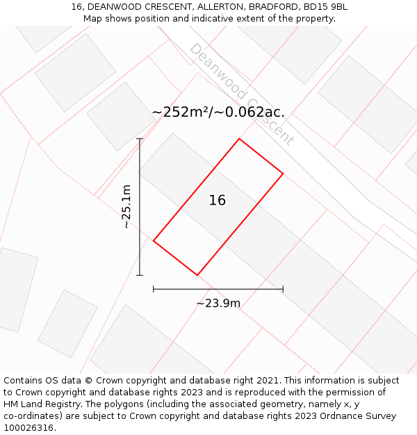 16, DEANWOOD CRESCENT, ALLERTON, BRADFORD, BD15 9BL: Plot and title map