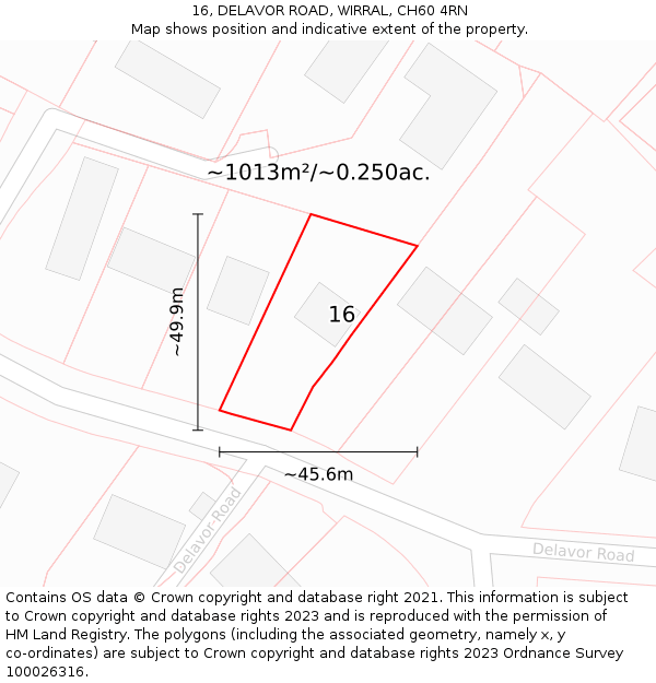 16, DELAVOR ROAD, WIRRAL, CH60 4RN: Plot and title map