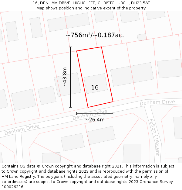 16, DENHAM DRIVE, HIGHCLIFFE, CHRISTCHURCH, BH23 5AT: Plot and title map