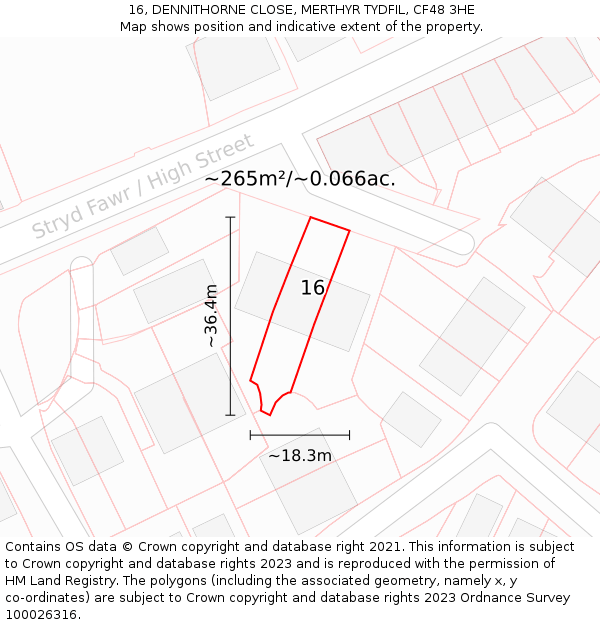 16, DENNITHORNE CLOSE, MERTHYR TYDFIL, CF48 3HE: Plot and title map
