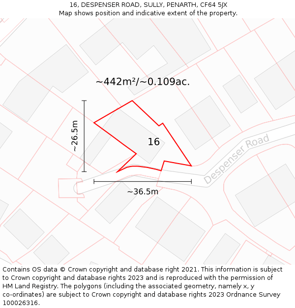 16, DESPENSER ROAD, SULLY, PENARTH, CF64 5JX: Plot and title map
