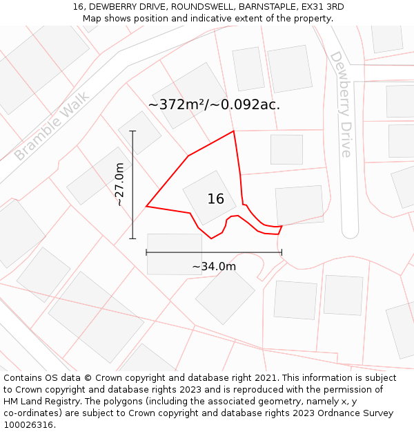 16, DEWBERRY DRIVE, ROUNDSWELL, BARNSTAPLE, EX31 3RD: Plot and title map
