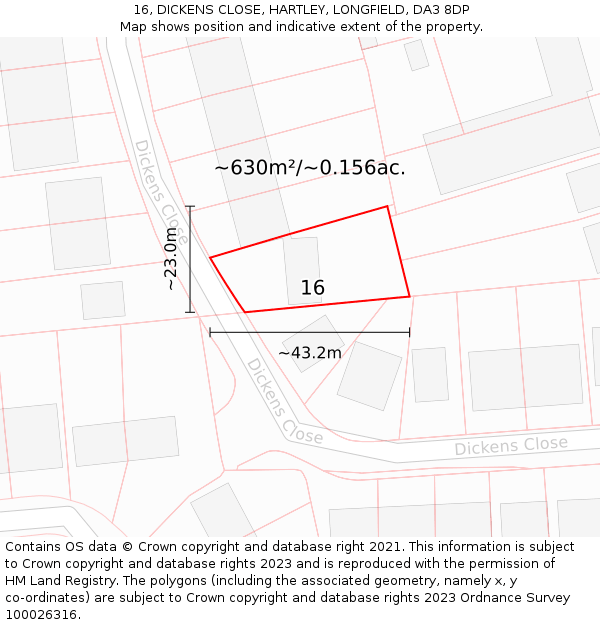 16, DICKENS CLOSE, HARTLEY, LONGFIELD, DA3 8DP: Plot and title map