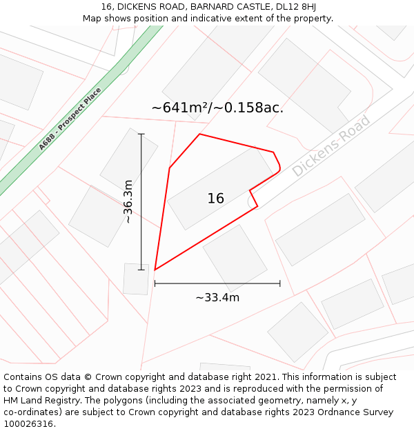 16, DICKENS ROAD, BARNARD CASTLE, DL12 8HJ: Plot and title map