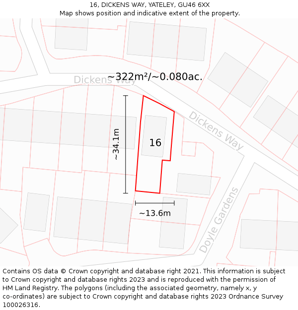 16, DICKENS WAY, YATELEY, GU46 6XX: Plot and title map
