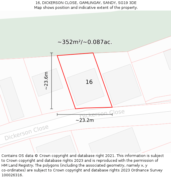 16, DICKERSON CLOSE, GAMLINGAY, SANDY, SG19 3DE: Plot and title map