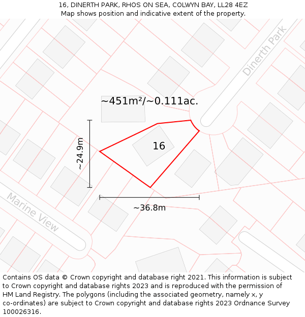 16, DINERTH PARK, RHOS ON SEA, COLWYN BAY, LL28 4EZ: Plot and title map