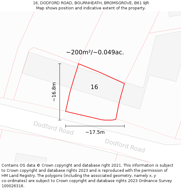 16, DODFORD ROAD, BOURNHEATH, BROMSGROVE, B61 9JR: Plot and title map