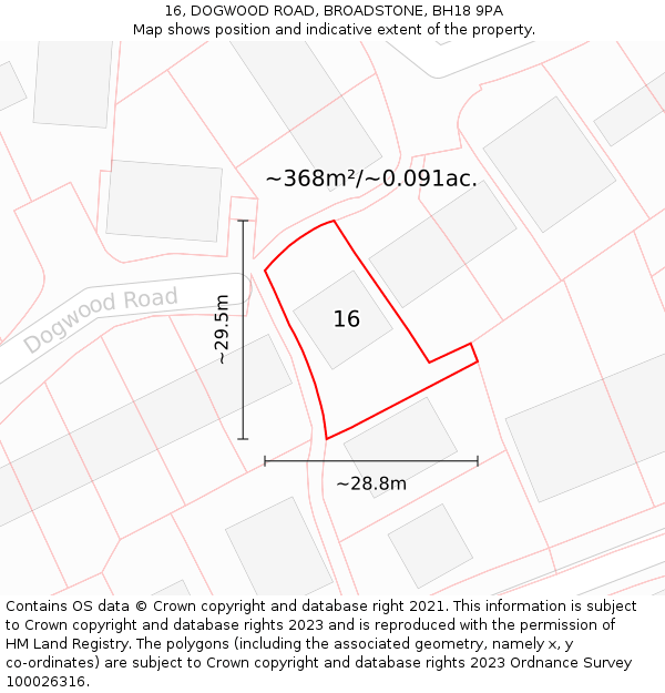 16, DOGWOOD ROAD, BROADSTONE, BH18 9PA: Plot and title map