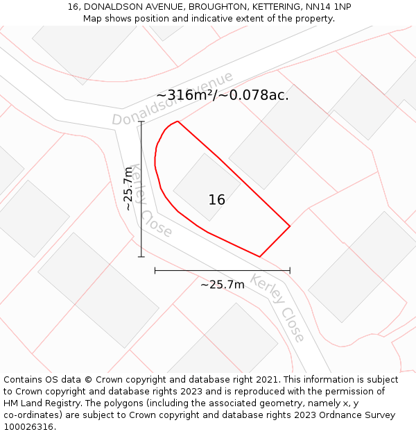 16, DONALDSON AVENUE, BROUGHTON, KETTERING, NN14 1NP: Plot and title map