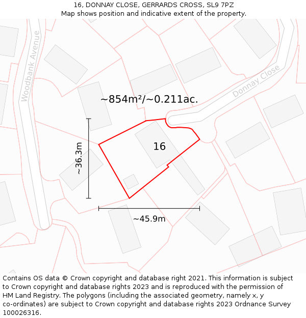 16, DONNAY CLOSE, GERRARDS CROSS, SL9 7PZ: Plot and title map