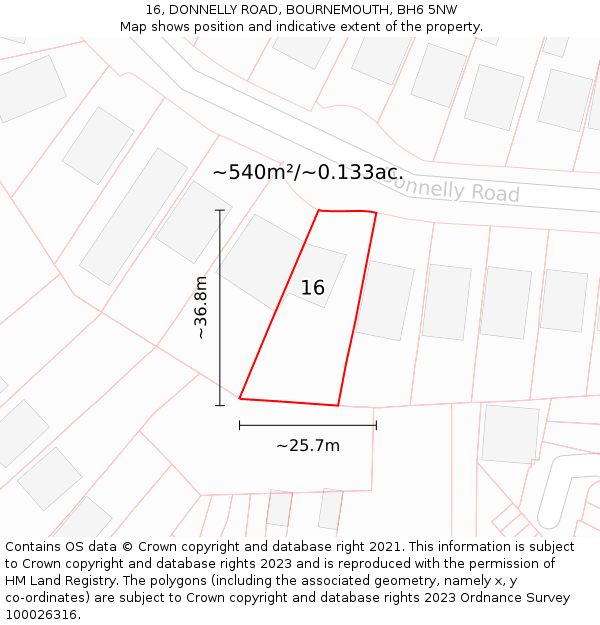 16, DONNELLY ROAD, BOURNEMOUTH, BH6 5NW: Plot and title map