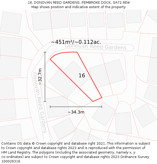 16, DONOVAN REED GARDENS, PEMBROKE DOCK, SA72 6EW: Plot and title map