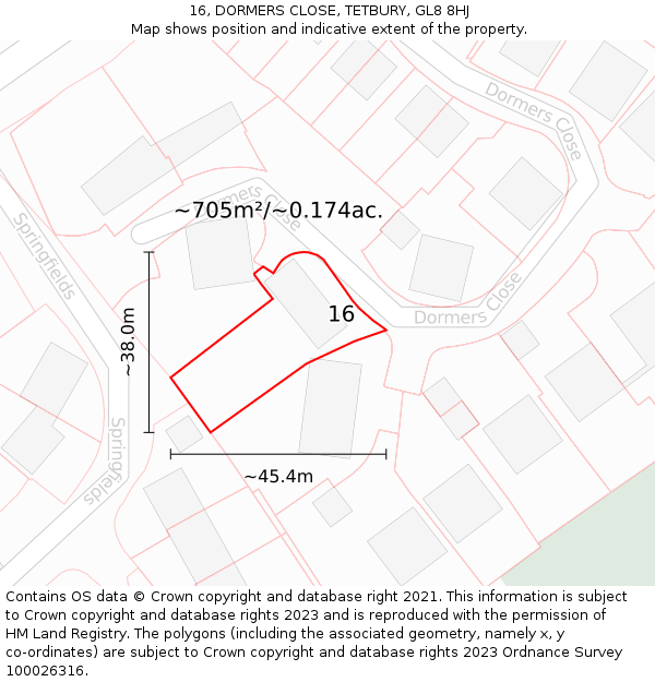 16, DORMERS CLOSE, TETBURY, GL8 8HJ: Plot and title map