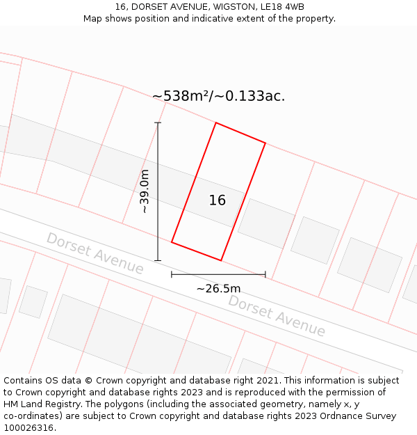 16, DORSET AVENUE, WIGSTON, LE18 4WB: Plot and title map
