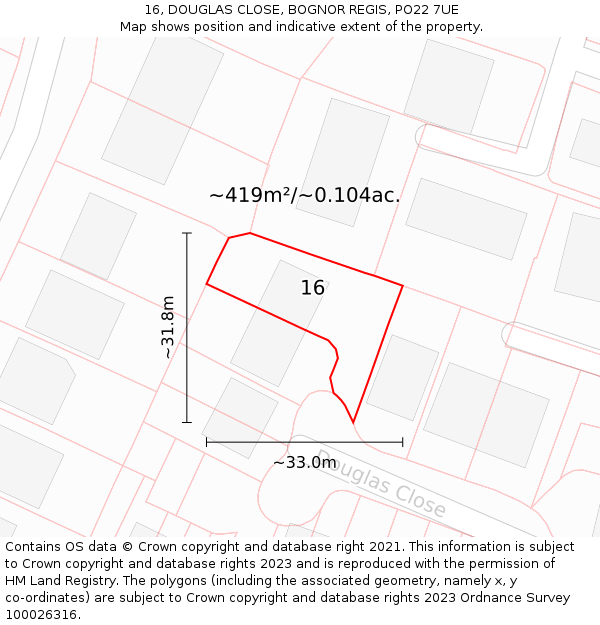 16, DOUGLAS CLOSE, BOGNOR REGIS, PO22 7UE: Plot and title map