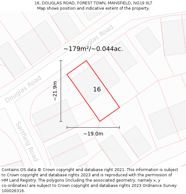 16, DOUGLAS ROAD, FOREST TOWN, MANSFIELD, NG19 0LT: Plot and title map