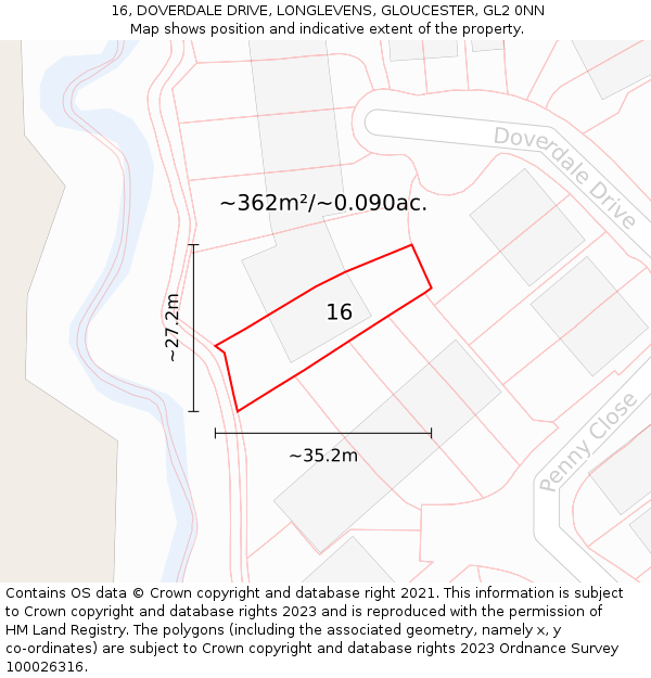 16, DOVERDALE DRIVE, LONGLEVENS, GLOUCESTER, GL2 0NN: Plot and title map