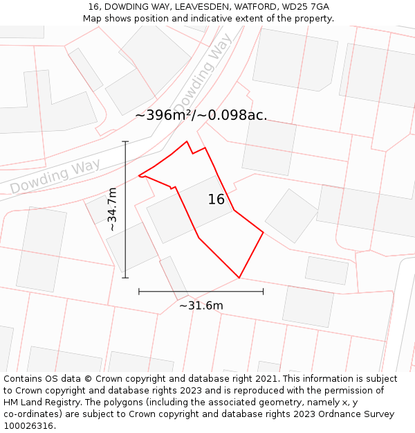 16, DOWDING WAY, LEAVESDEN, WATFORD, WD25 7GA: Plot and title map