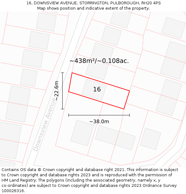 16, DOWNSVIEW AVENUE, STORRINGTON, PULBOROUGH, RH20 4PS: Plot and title map