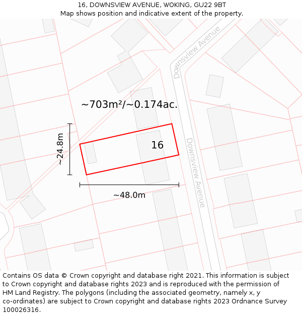 16, DOWNSVIEW AVENUE, WOKING, GU22 9BT: Plot and title map