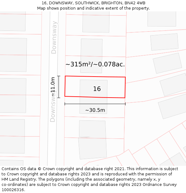 16, DOWNSWAY, SOUTHWICK, BRIGHTON, BN42 4WB: Plot and title map