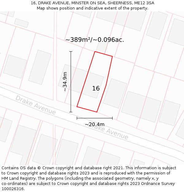 16, DRAKE AVENUE, MINSTER ON SEA, SHEERNESS, ME12 3SA: Plot and title map
