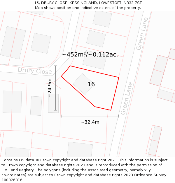 16, DRURY CLOSE, KESSINGLAND, LOWESTOFT, NR33 7ST: Plot and title map