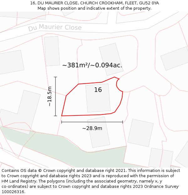 16, DU MAURIER CLOSE, CHURCH CROOKHAM, FLEET, GU52 0YA: Plot and title map