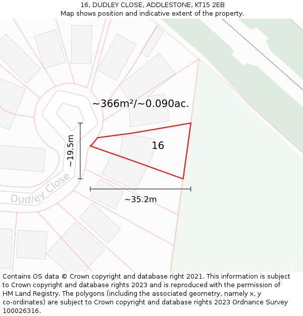 16, DUDLEY CLOSE, ADDLESTONE, KT15 2EB: Plot and title map