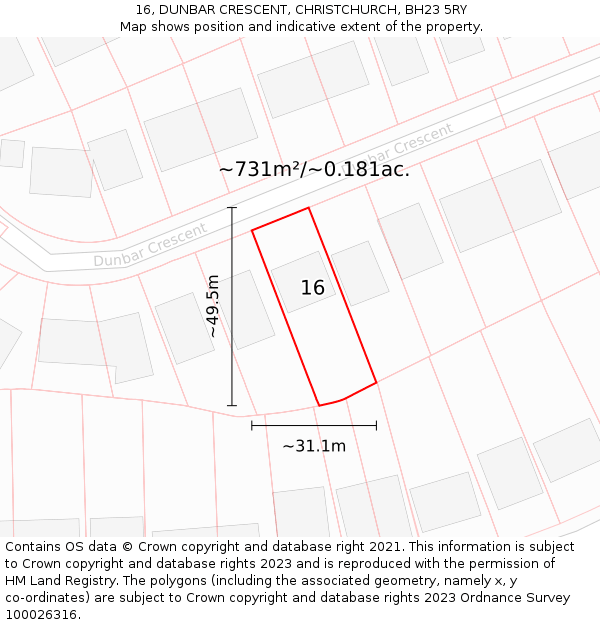 16, DUNBAR CRESCENT, CHRISTCHURCH, BH23 5RY: Plot and title map