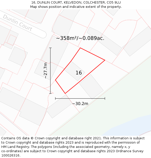 16, DUNLIN COURT, KELVEDON, COLCHESTER, CO5 9LU: Plot and title map