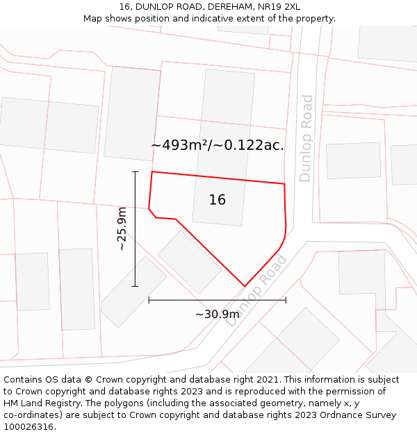 16, DUNLOP ROAD, DEREHAM, NR19 2XL: Plot and title map