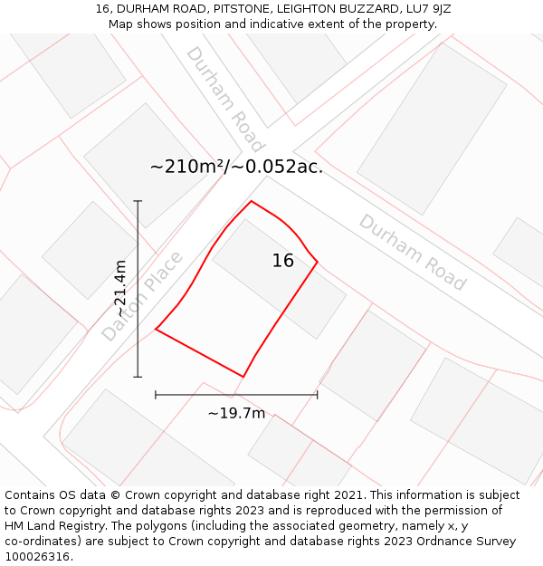 16, DURHAM ROAD, PITSTONE, LEIGHTON BUZZARD, LU7 9JZ: Plot and title map