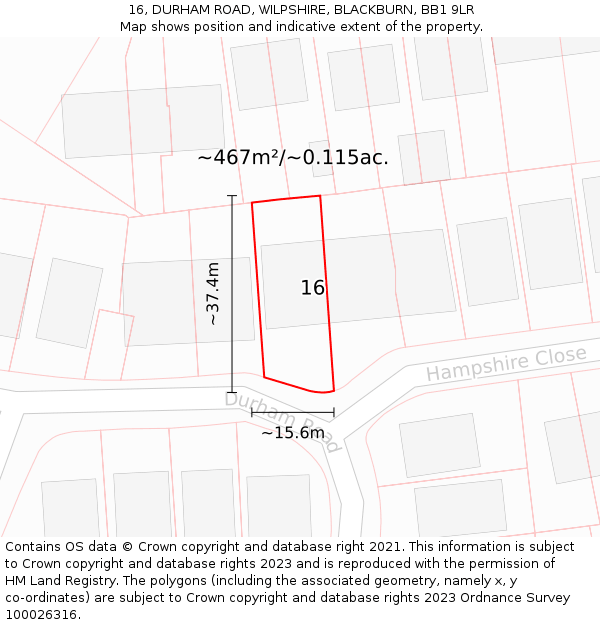 16, DURHAM ROAD, WILPSHIRE, BLACKBURN, BB1 9LR: Plot and title map