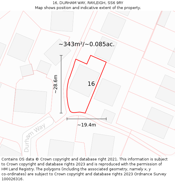 16, DURHAM WAY, RAYLEIGH, SS6 9RY: Plot and title map