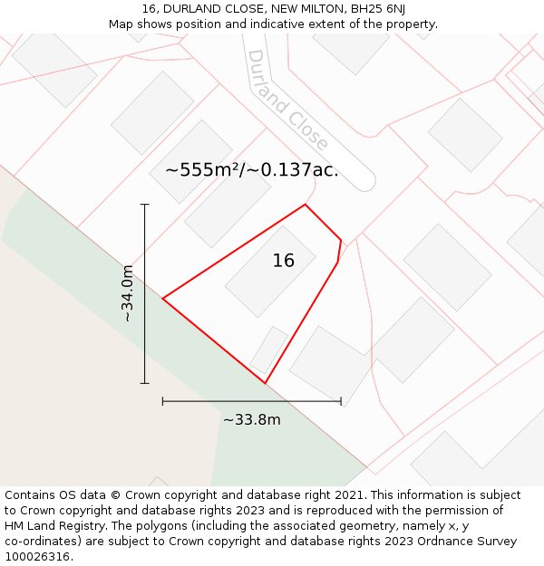 16, DURLAND CLOSE, NEW MILTON, BH25 6NJ: Plot and title map