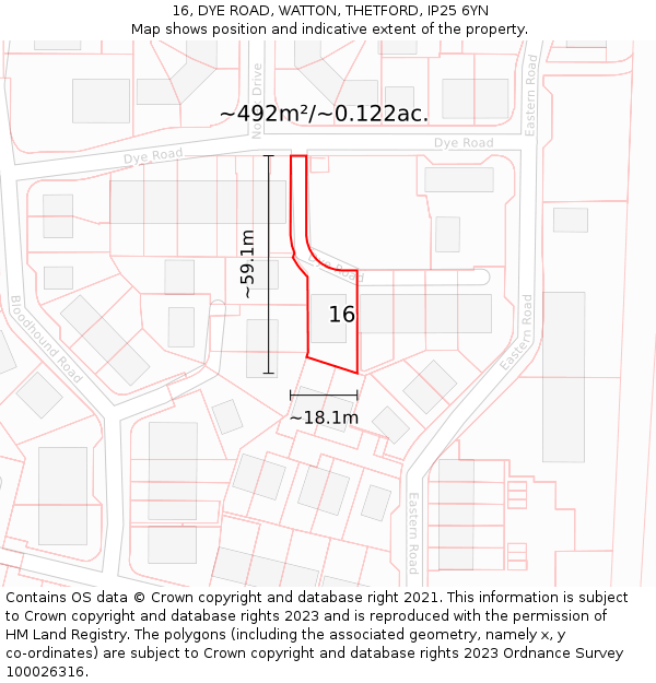 16, DYE ROAD, WATTON, THETFORD, IP25 6YN: Plot and title map