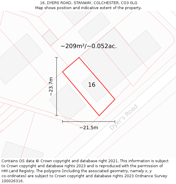 16, DYERS ROAD, STANWAY, COLCHESTER, CO3 0LG: Plot and title map
